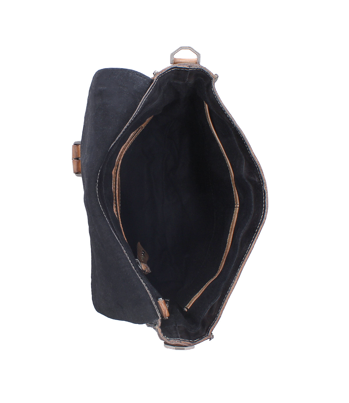 Open black full-grain leather Bed|Stü Venice Beach crossbody bag with a tan interior lining, viewed from above.