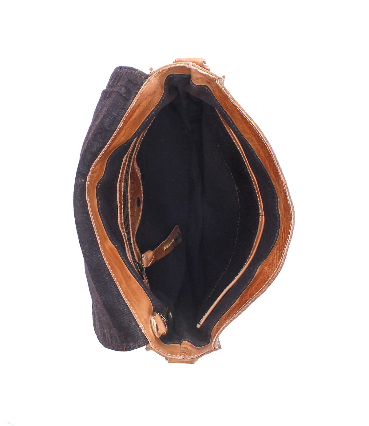 Top view of the Bed Stu Venice Beach, an open brown and black full-grain leather purse with multiple compartments, a zippered pocket, and an adjustable strap on a white background.