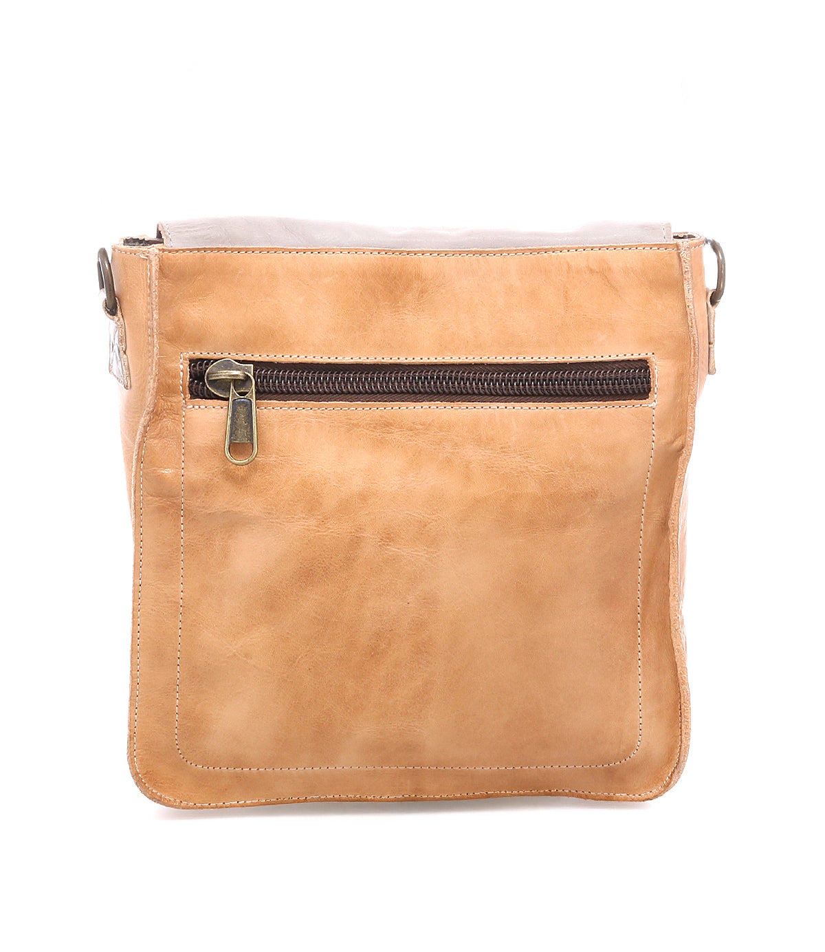 The Bed Stu "Venice Beach" is a tan, vintage-inspired handmade leather crossbody bag with visible stitching and a front zippered pocket, shown against a white background.