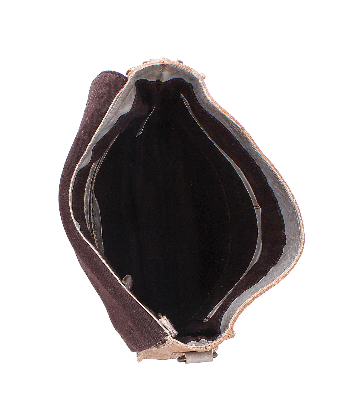 Top view of the Bed Stu Venice Beach handbag in brown, featuring a spacious, dark-lined interior with separate compartments and a zipper pocket.