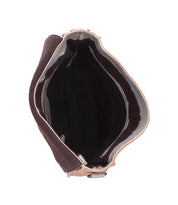 Top view of the Bed Stu Venice Beach handbag in brown, featuring a spacious, dark-lined interior with separate compartments and a zipper pocket.