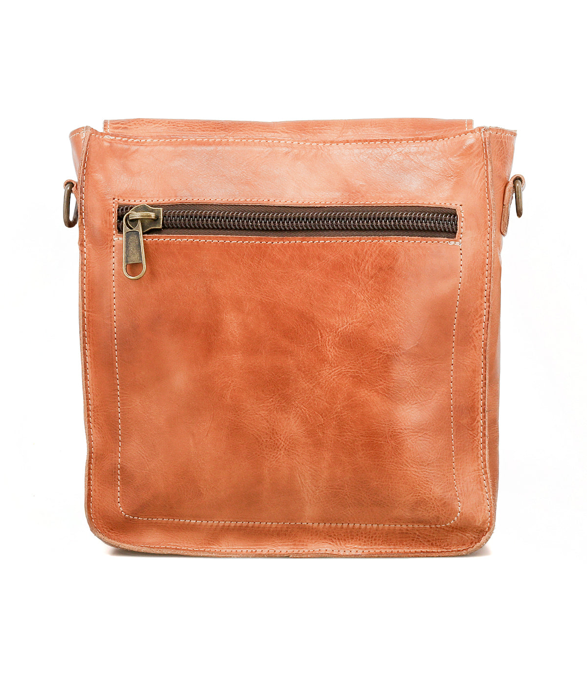 The Bed Stu Venice Beach is a light brown handmade leather crossbody bag featuring a front zippered pocket and metal zipper, shown against a white background.