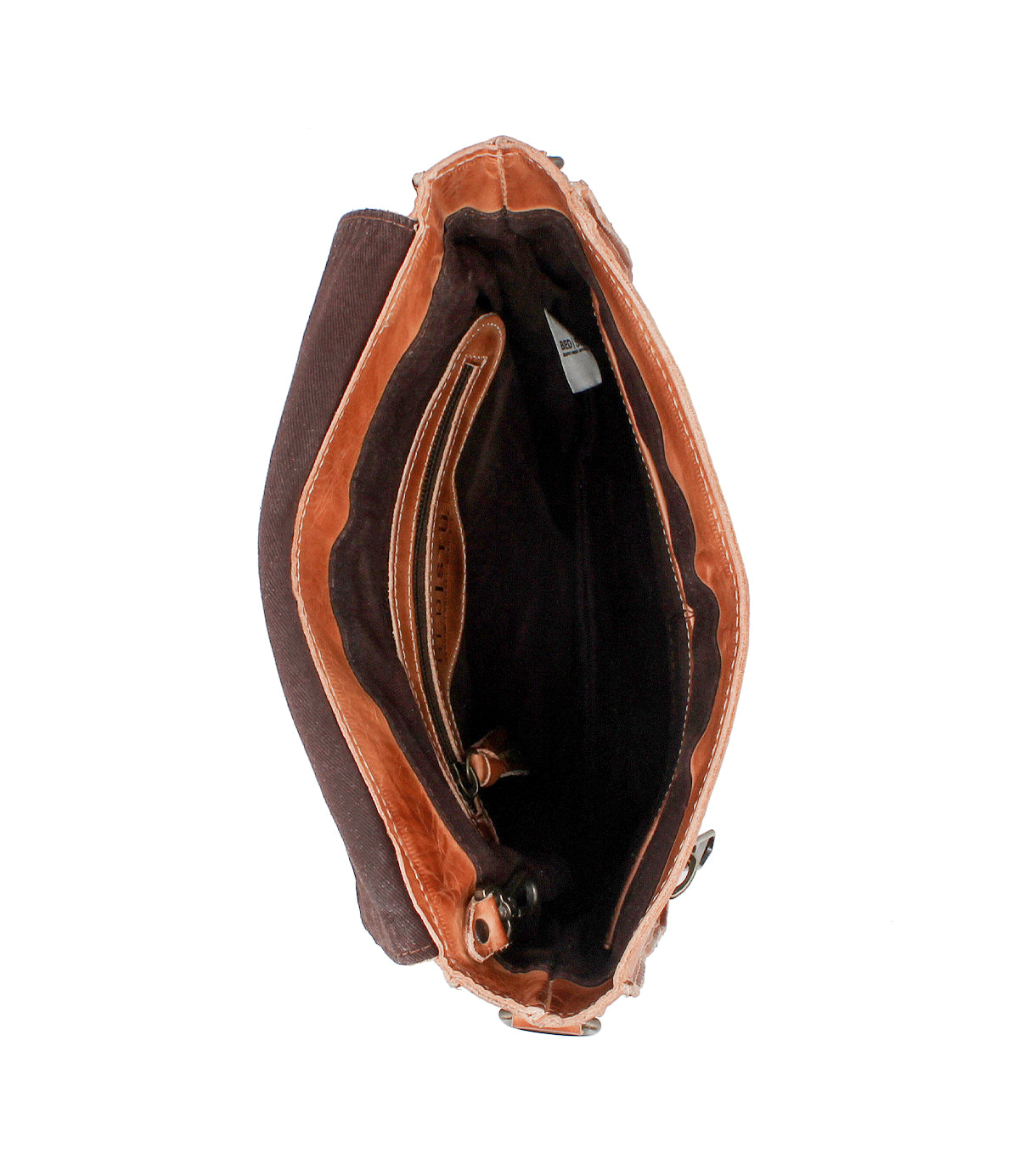 Top view of Bed Stu's Venice Beach: a vintage-inspired brown leather handbag with one main compartment, a zippered pocket, and dark fabric lining.