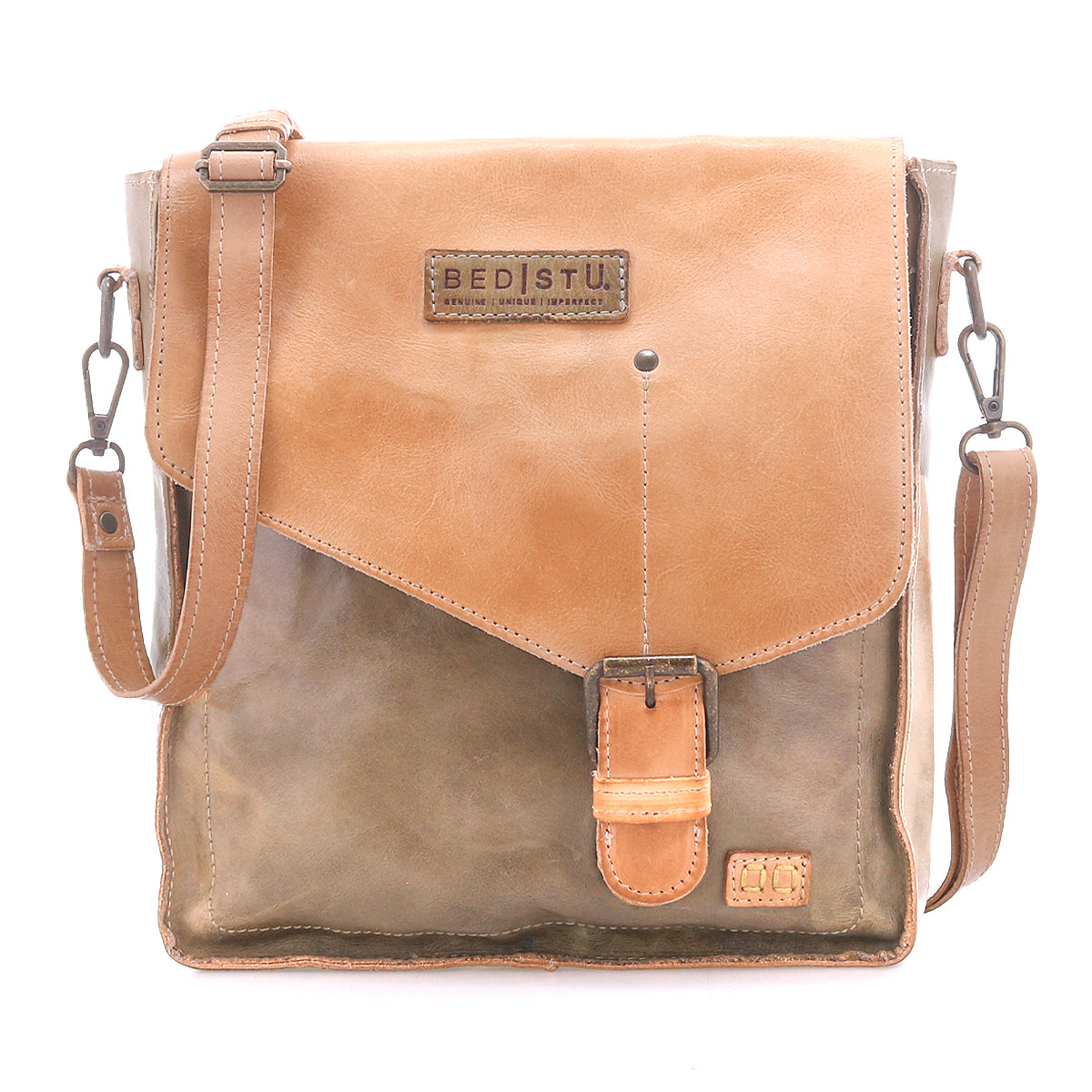The Bed Stu "Venice Beach" is a two-tone full-grain leather shoulder bag with a flap closure, adjustable strap, and front logo patch—ideal as a crossbody for casual strolls.
