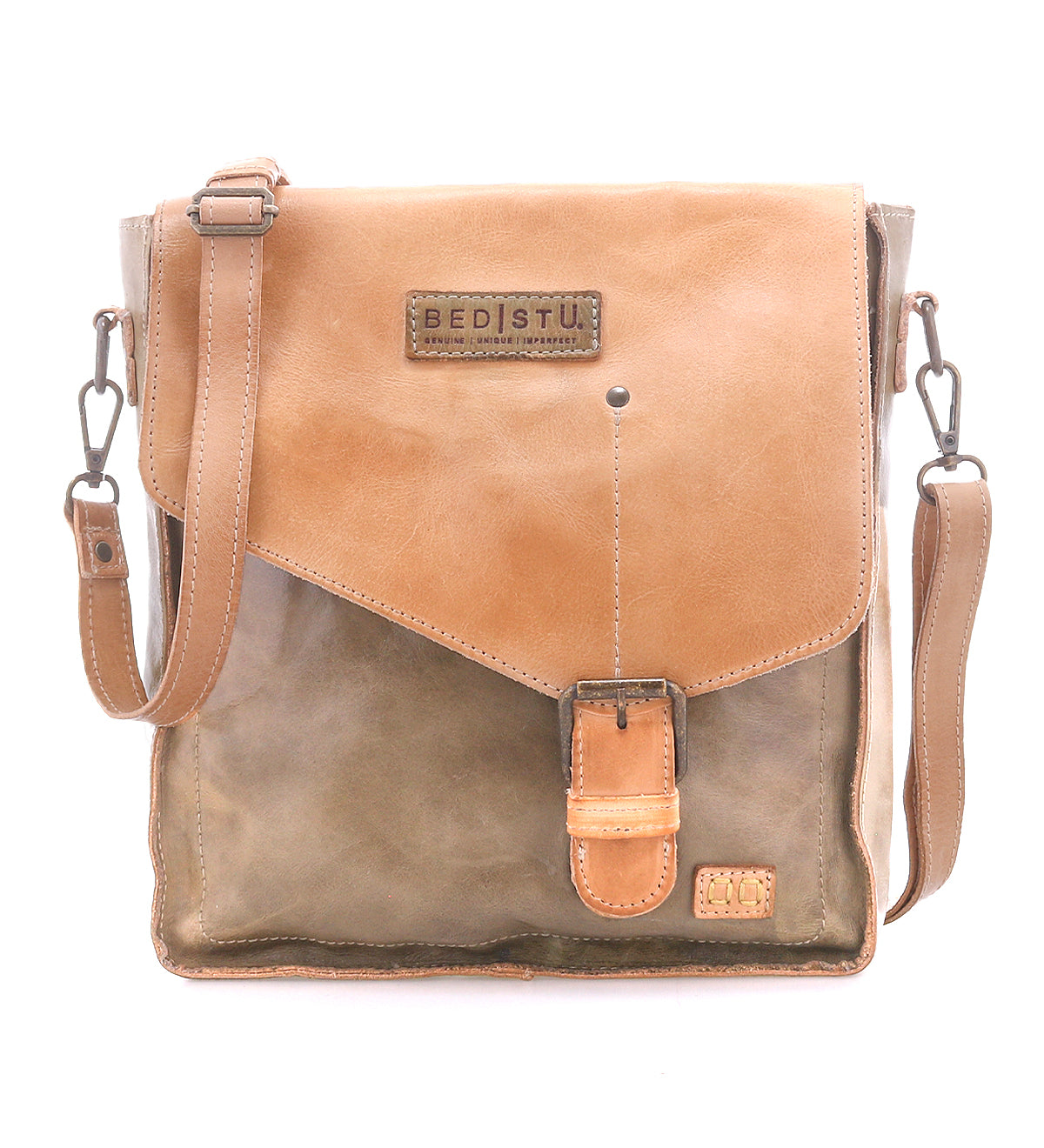 The Bed Stu "Venice Beach" is a two-tone full-grain leather shoulder bag with a flap closure, adjustable strap, and front logo patch—ideal as a crossbody for casual strolls.