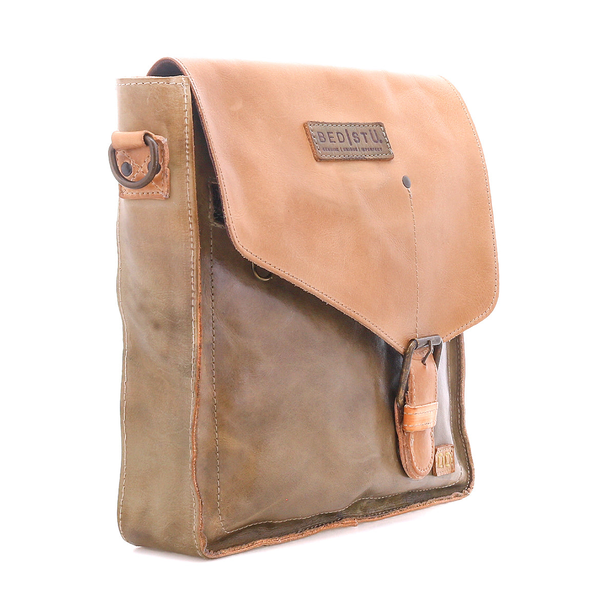 The Bed Stu Venice Beach satchel features brown full-grain leather, a flap closure, stitched edges, buckle clasp, and a front "Bed Stu" label. Its worn finish gives this crossbody bag a rustic, vintage Venice Beach vibe.