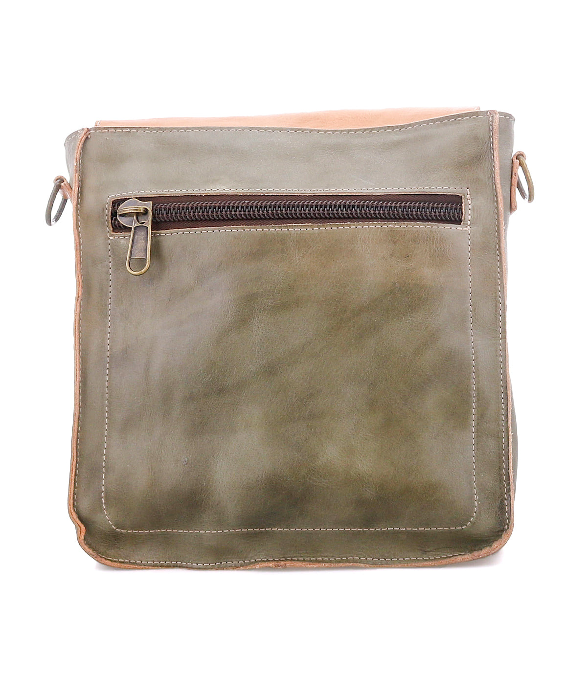 The Bed Stu Venice Beach is a square olive green full-grain leather shoulder bag with a brown front zipper pocket, visible edge stitching, and an adjustable strap, shown against a white background.
