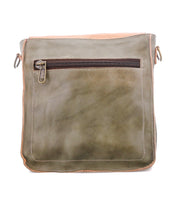The Bed Stu Venice Beach is a square olive green full-grain leather shoulder bag with a brown front zipper pocket, visible edge stitching, and an adjustable strap, shown against a white background.