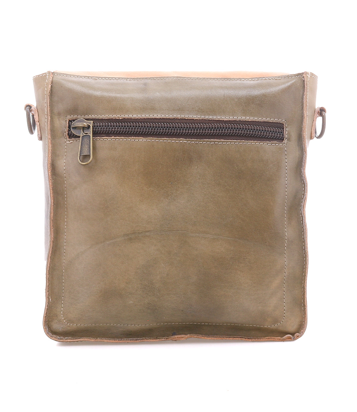 The Bed Stu Venice Beach crossbody bag in olive green full-grain leather features a front zippered pocket and side rings for strap attachment, shown on a white background.