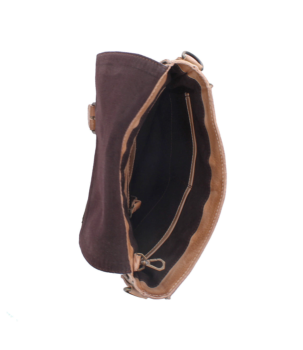 The Bed Stu Venice Beach crossbody bag, crafted from brown fabric and full-grain leather, is shown from above with its main compartment open to reveal an interior zippered pocket. It features an adjustable strap and is displayed on a white background.