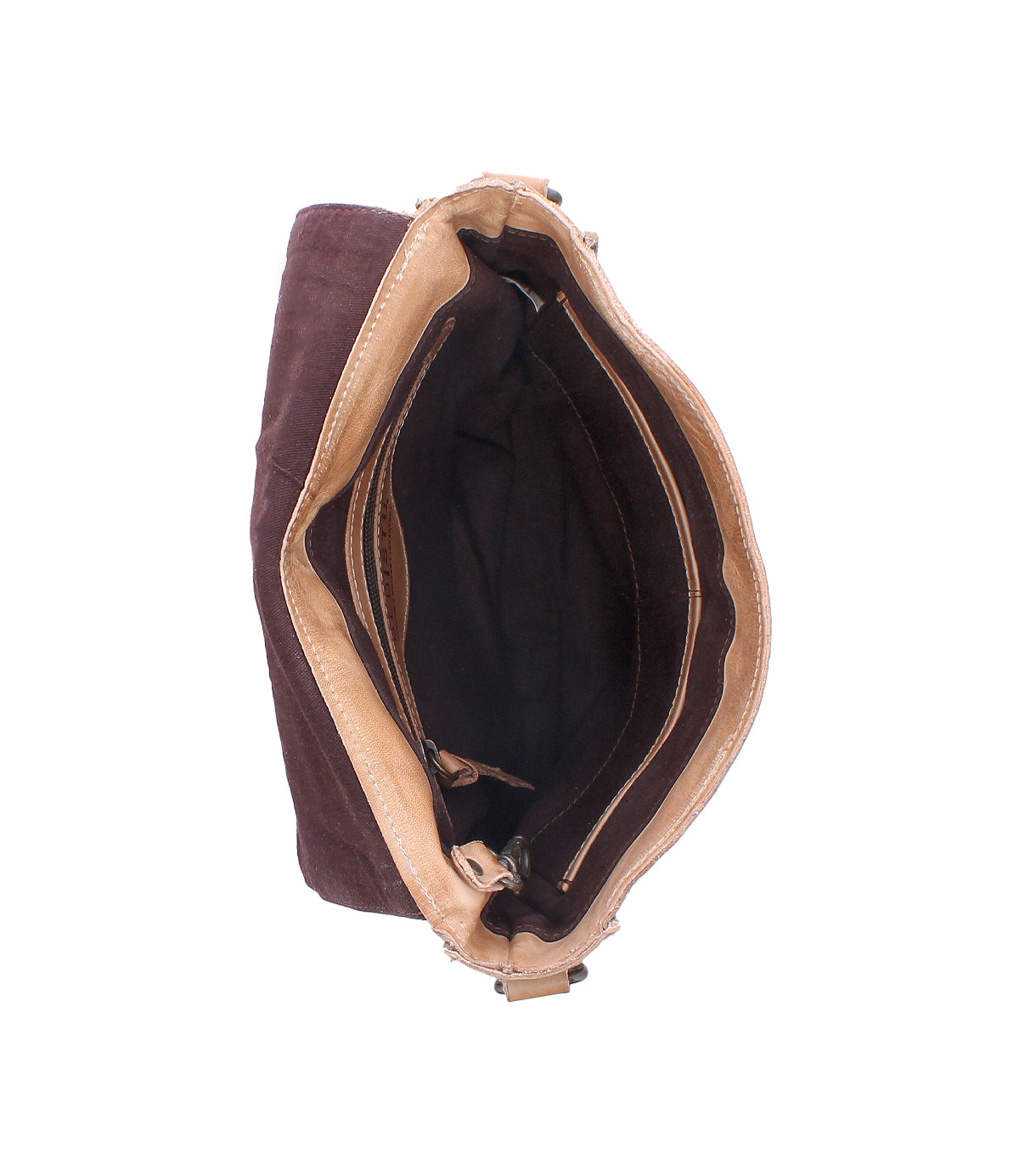 Top view of the Bed Stu Venice Beach handbag in brown full-grain leather with tan trim, featuring multiple inner compartments and zippered pockets, shown against a white background.