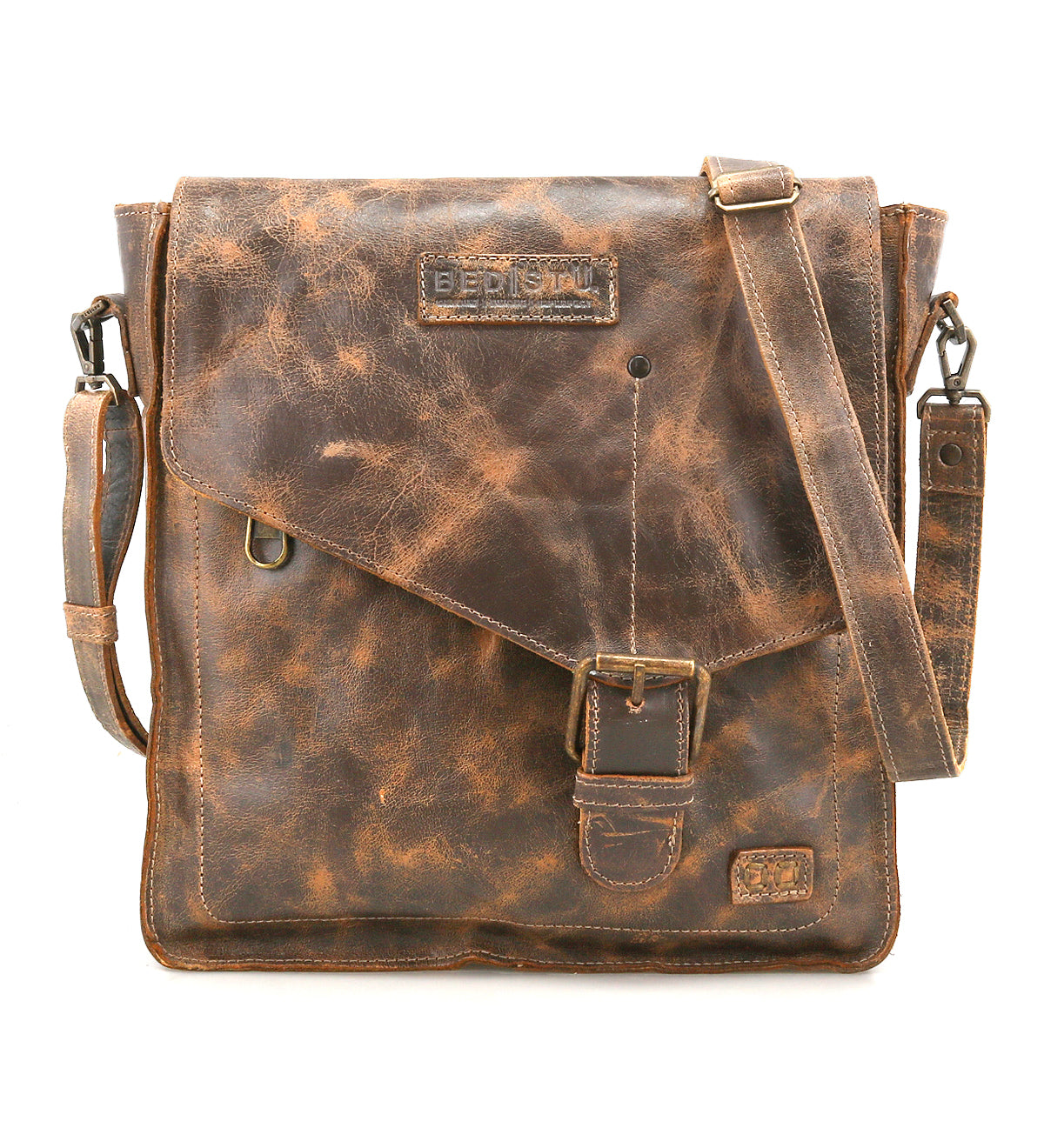 The Bed Stu Venice Beach is a vintage-inspired worn brown leather shoulder bag with a flap, buckle closure, adjustable strap, and embossed branding on the front.