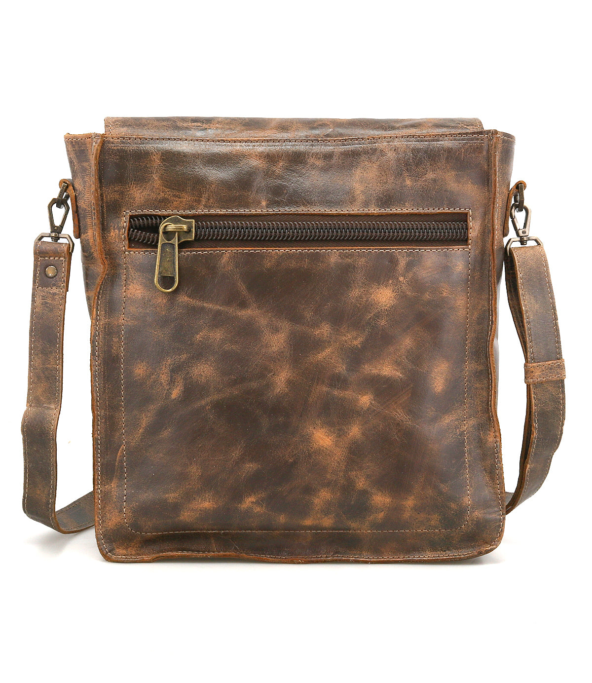 The Bed Stu Venice Beach is a handmade brown leather crossbody bag with a front zipper pocket and adjustable shoulder strap, shown against a white background.