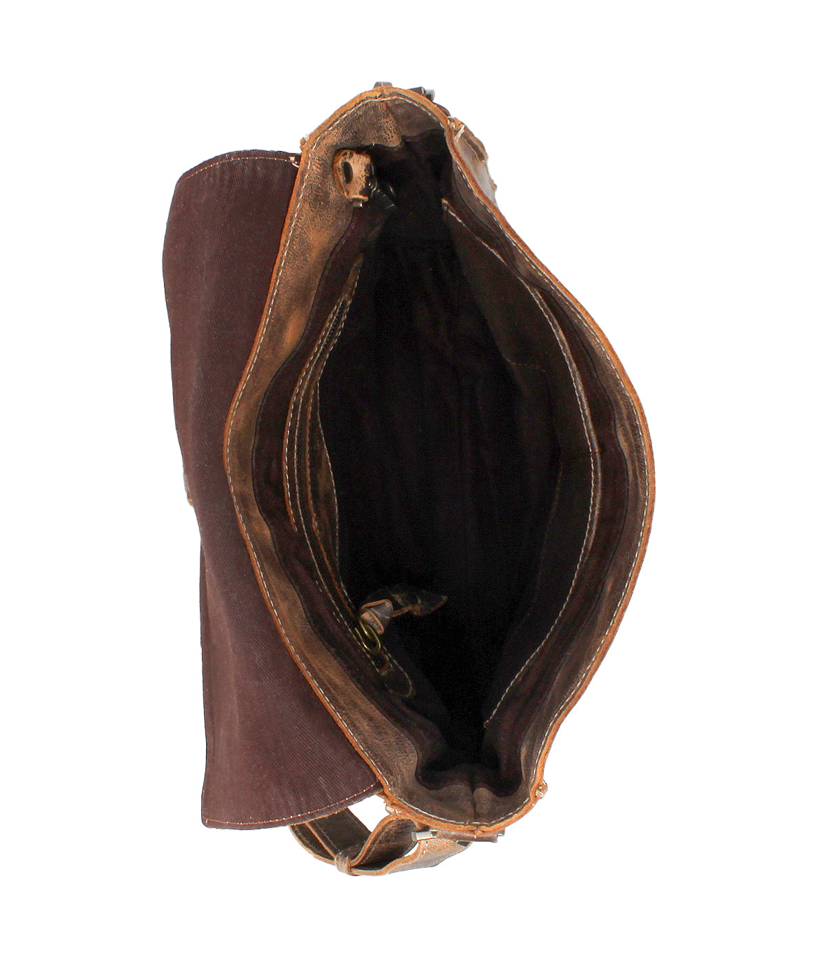 Top view of the Bed Stu Venice Beach bag—an empty handmade crossbody crafted in brown leather and canvas with its main compartment open, highlighting a vintage-inspired style.