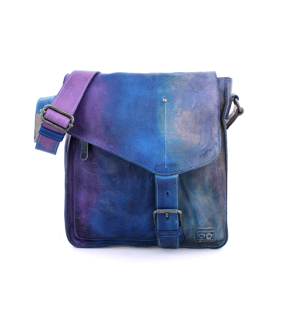 A handmade blue and purple leather Venice Beach crossbody bag with a strap by Bed Stu.
