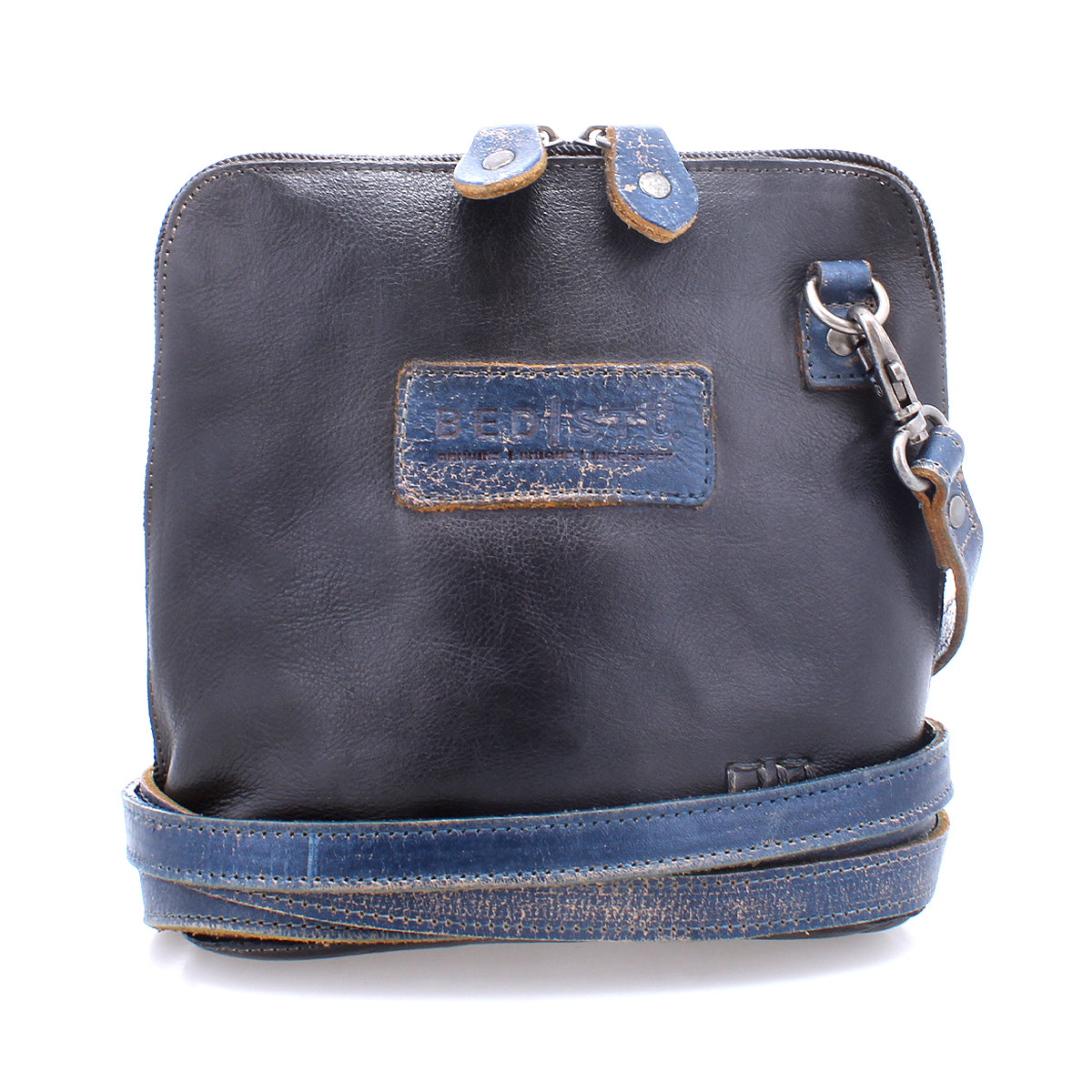 A black and blue leather Bed Stu Ventura cross body bag.