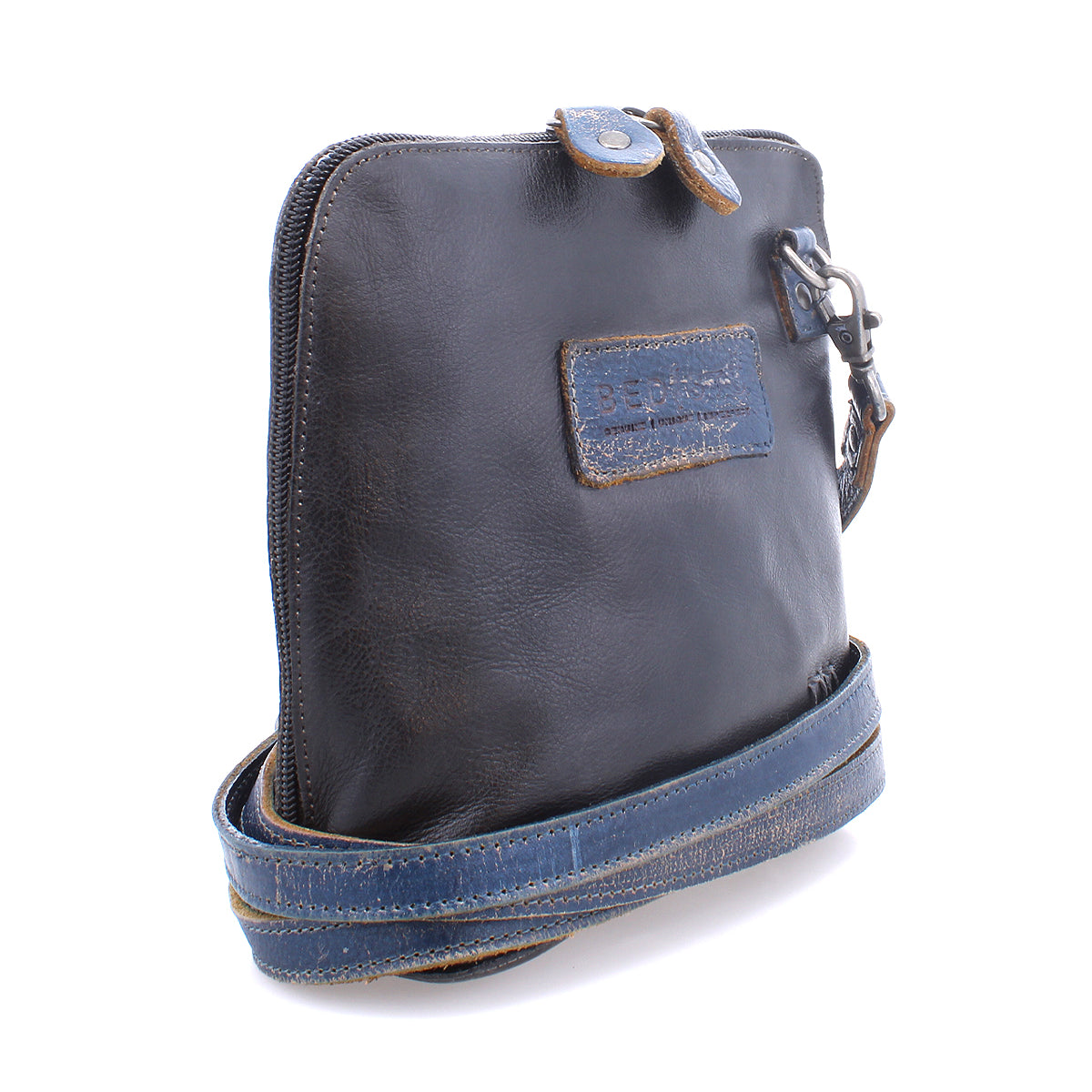 A black and Bed Stu Ventura blue leather gem cross body bag.