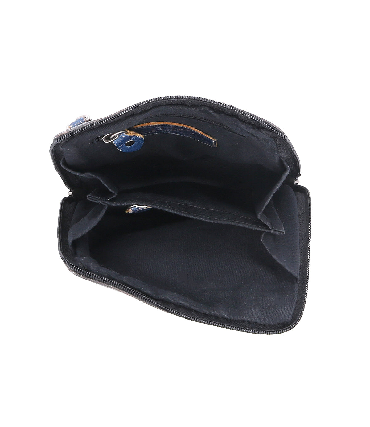 The inside of a black wallet with a blue zipper, featuring Bed Stu Ventura leather gem.
