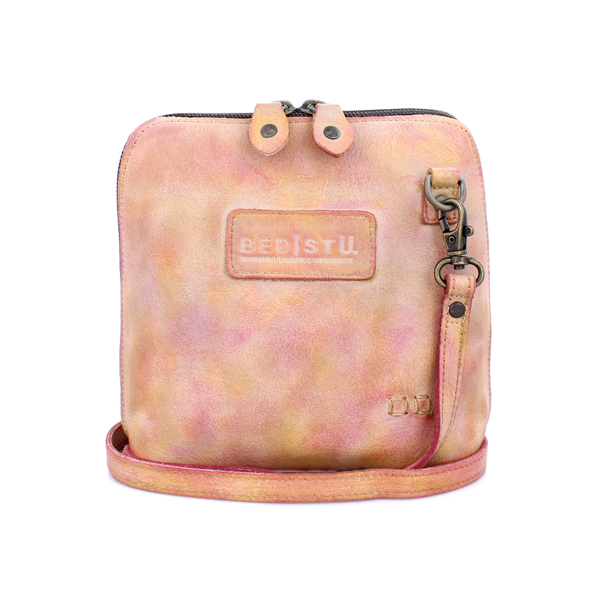 Embark on a Saturday adventure with the Bed Stu Ventura, a picture-perfect pink and yellow cross body bag, featuring a leather gem strap.