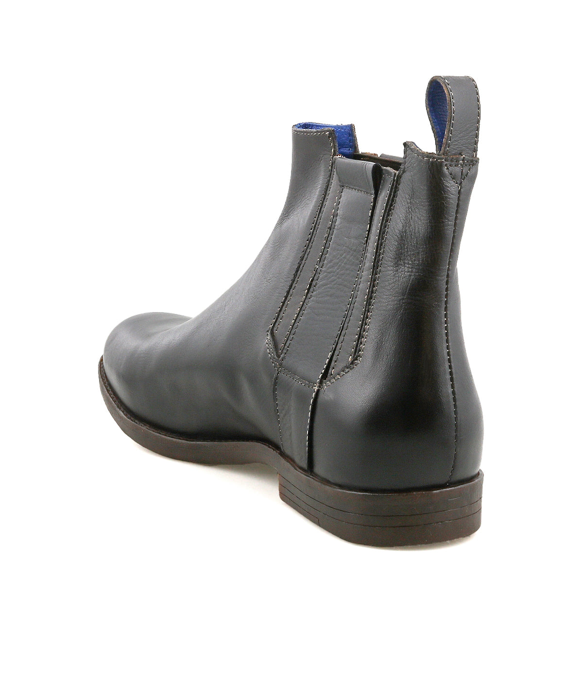 The Bed Stu Verrocchio is a black genuine leather Chelsea boot, shown from the back with elastic side panels and a heel pull tab for easy slip-on.
