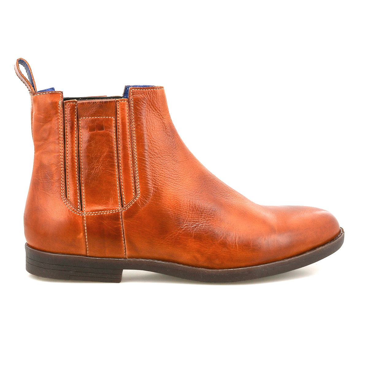 The Verrocchio by Bed Stu is a men’s brown Chelsea boot made from genuine leather, featuring elastic side panels, a heel pull tab, and a flat black sole for easy slip-on comfort—shown in a side view.