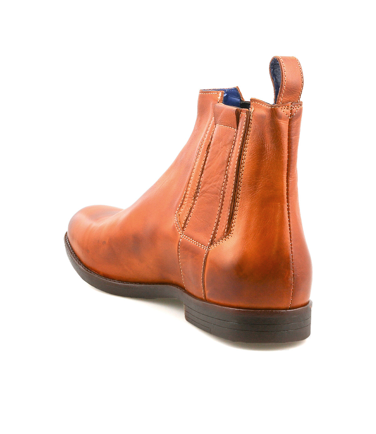 The Bed Stu Verrocchio is a men’s brown ankle boot made from genuine leather, featuring a side zipper and elastic panel for easy slip-on wear, shown from the back on a white background.