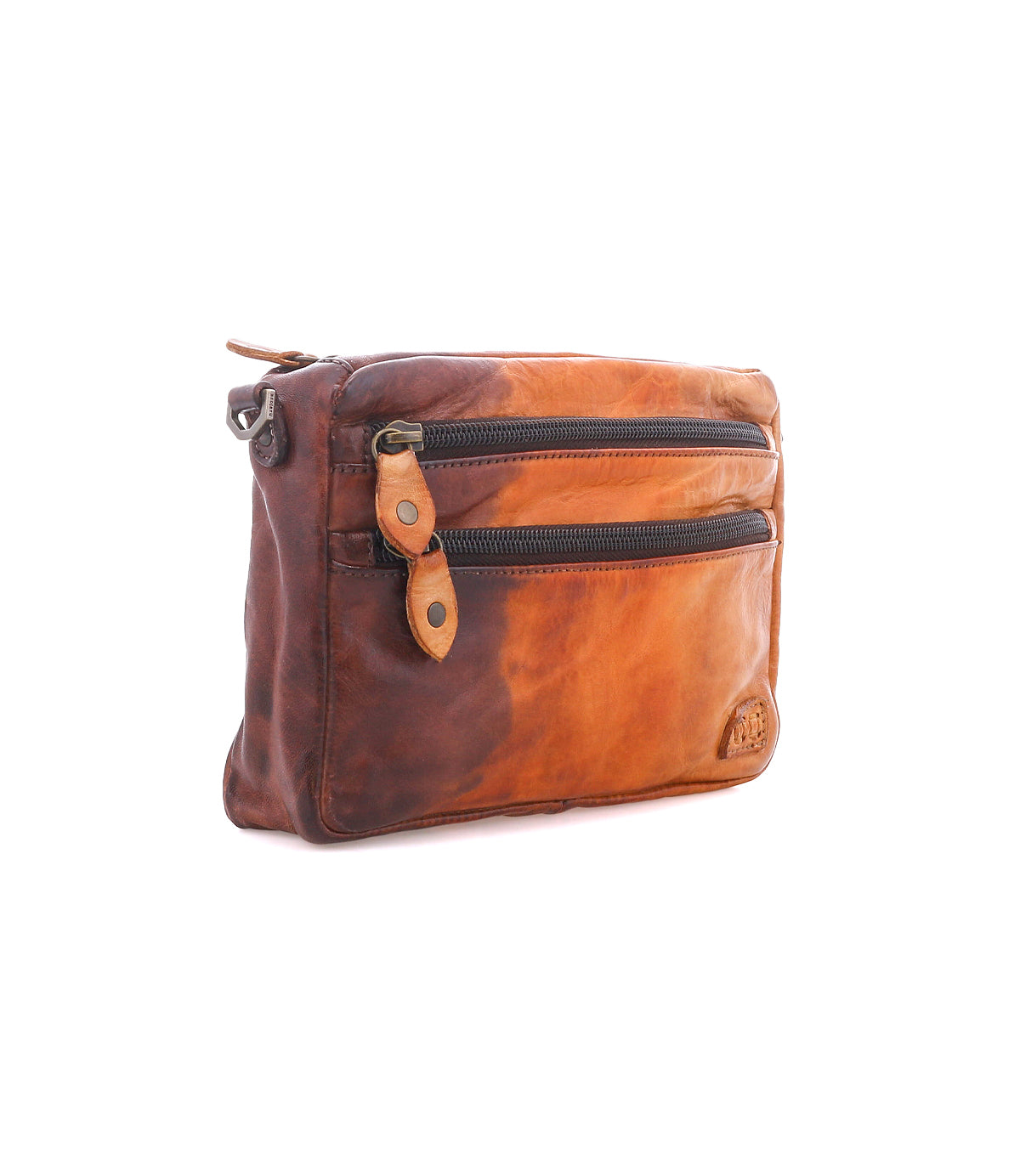 Bed Stu Viana II multi-tonal leather crossbody bag with two front zippered pockets and a top zipper closure.