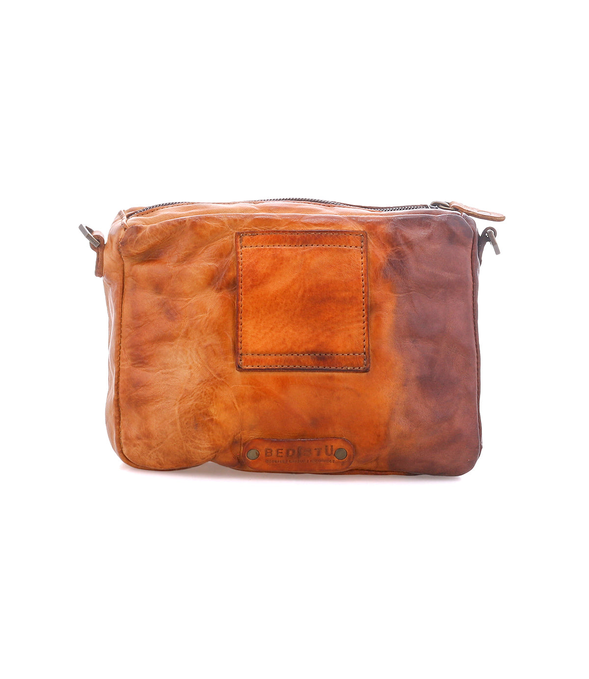 Small rectangular Bed Stu Viana II leather crossbody bag in varied shades of tan and brown with a top zipper closure.