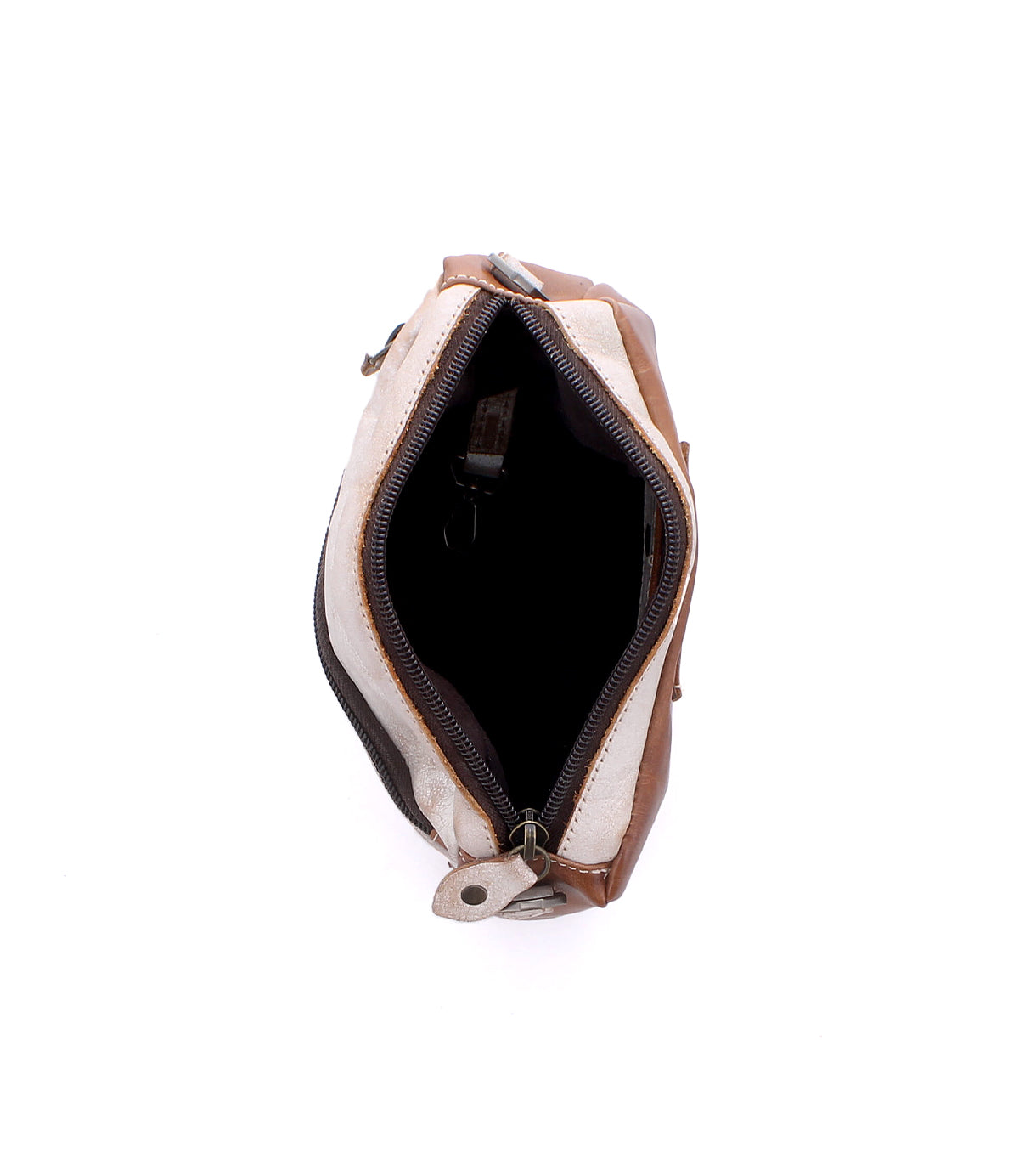 Top-down view of an open Bed Stu Viana II crossbody bag featuring a contrast of tan and off-white leather panels.