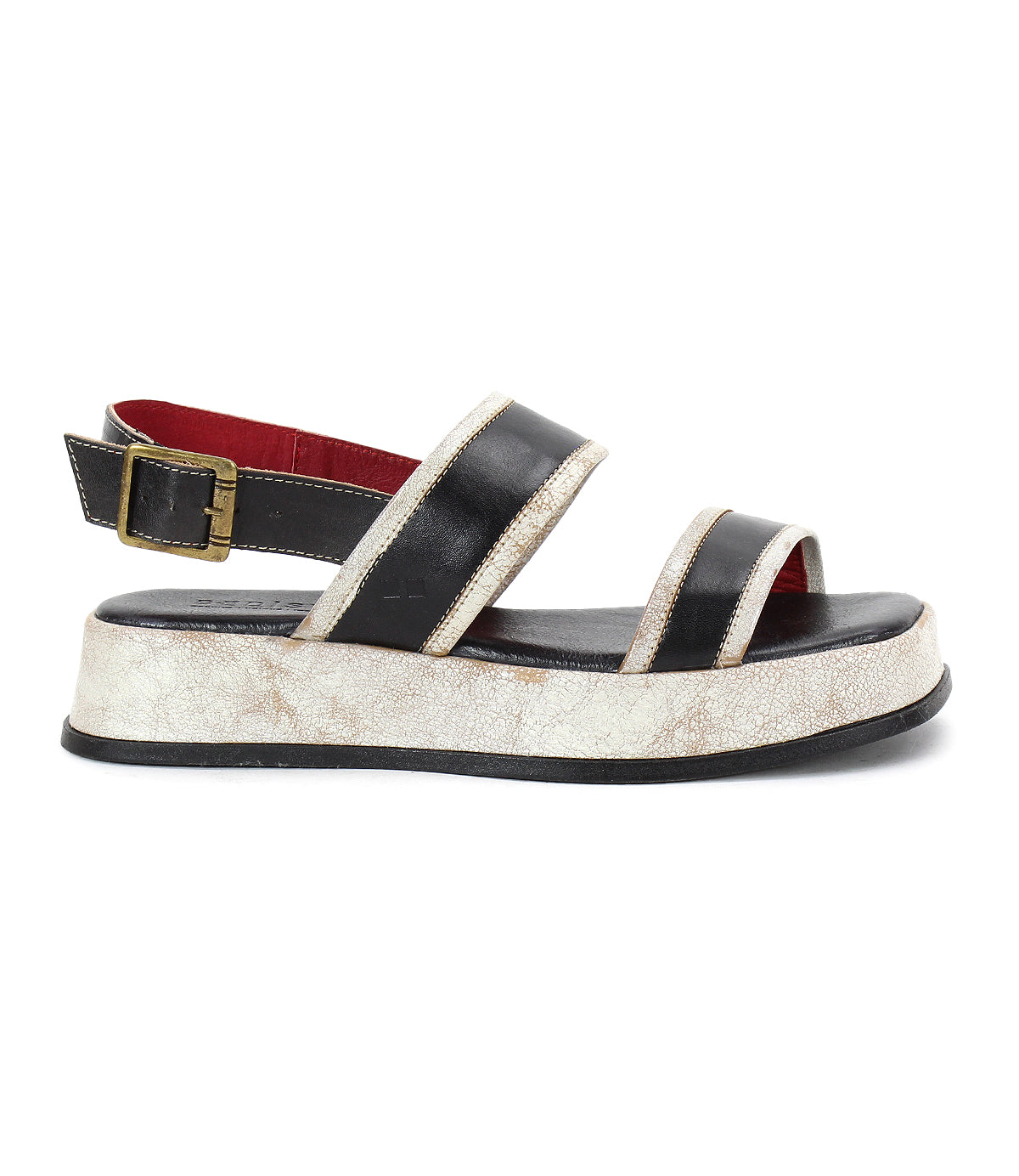 The Bed Stu Vice sandal features two black straps, a back strap with an adjustable ankle buckle, all set on a thick white textured sole.
