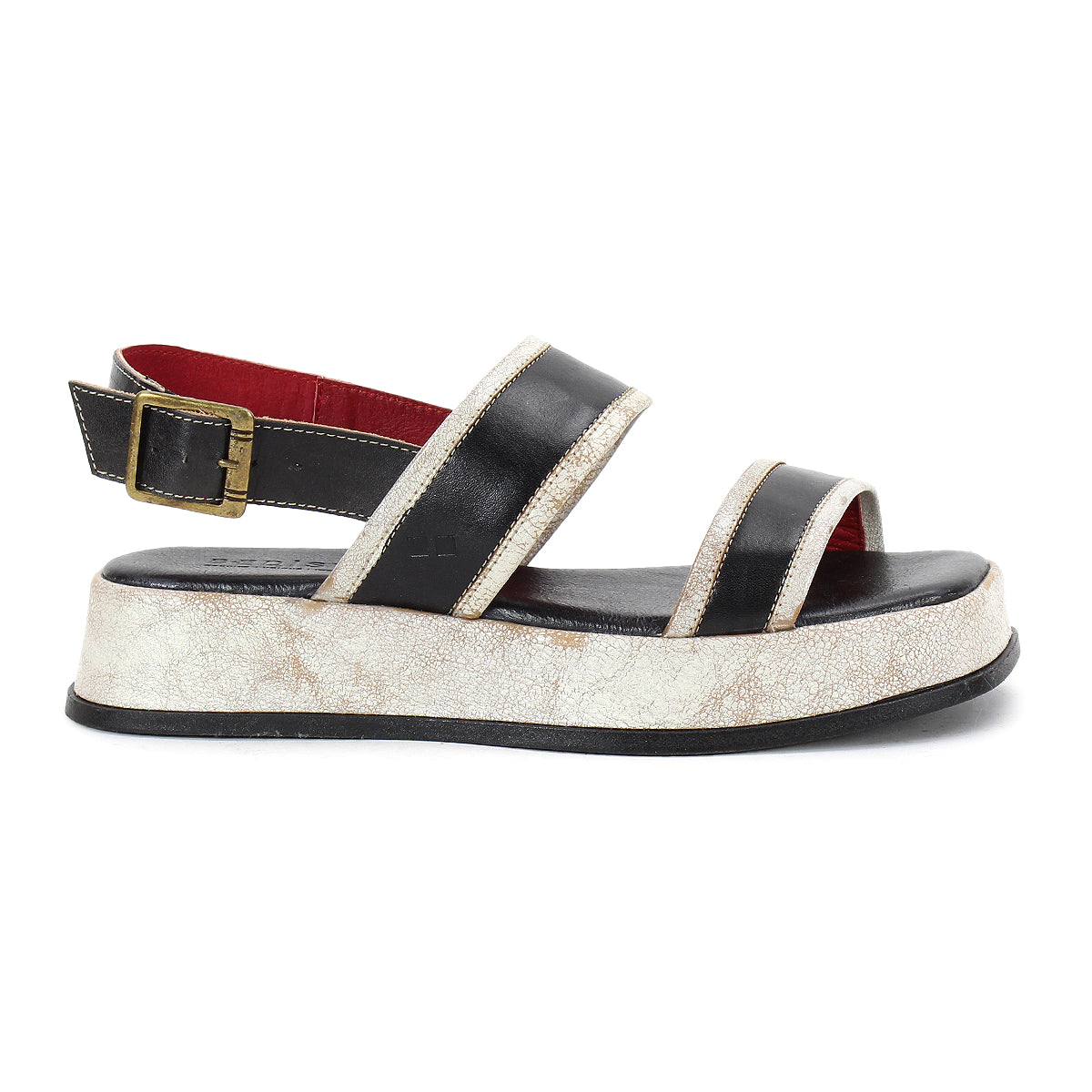 The Bed Stu Vice sandal features two black straps, a back strap with an adjustable ankle buckle, all set on a thick white textured sole.