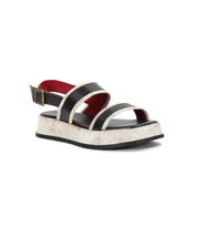 The Bed Stu Vice is a black and beige platform sandal featuring a thick textured sole, open toe, and an adjustable ankle strap with a metal buckle.