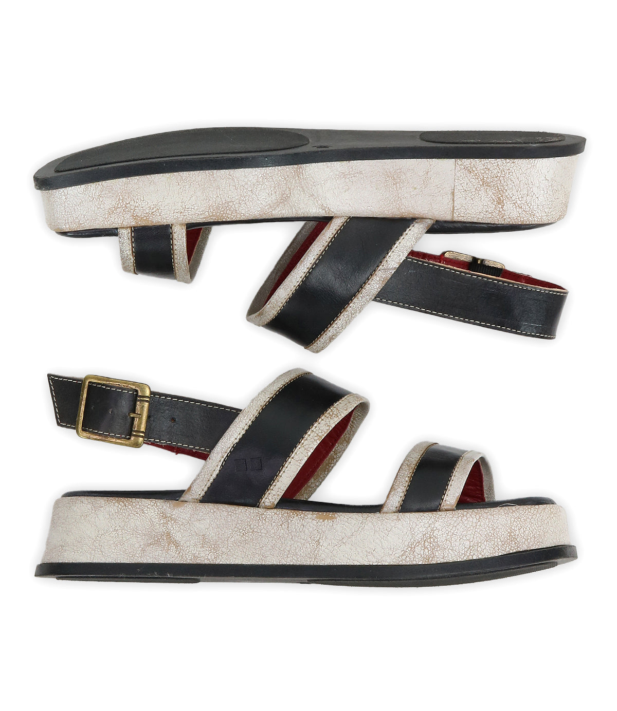 The Bed Stu Vice platform sandals feature black and white hues, adjustable ankle straps, and gold buckles, shown side by side on a white background.
