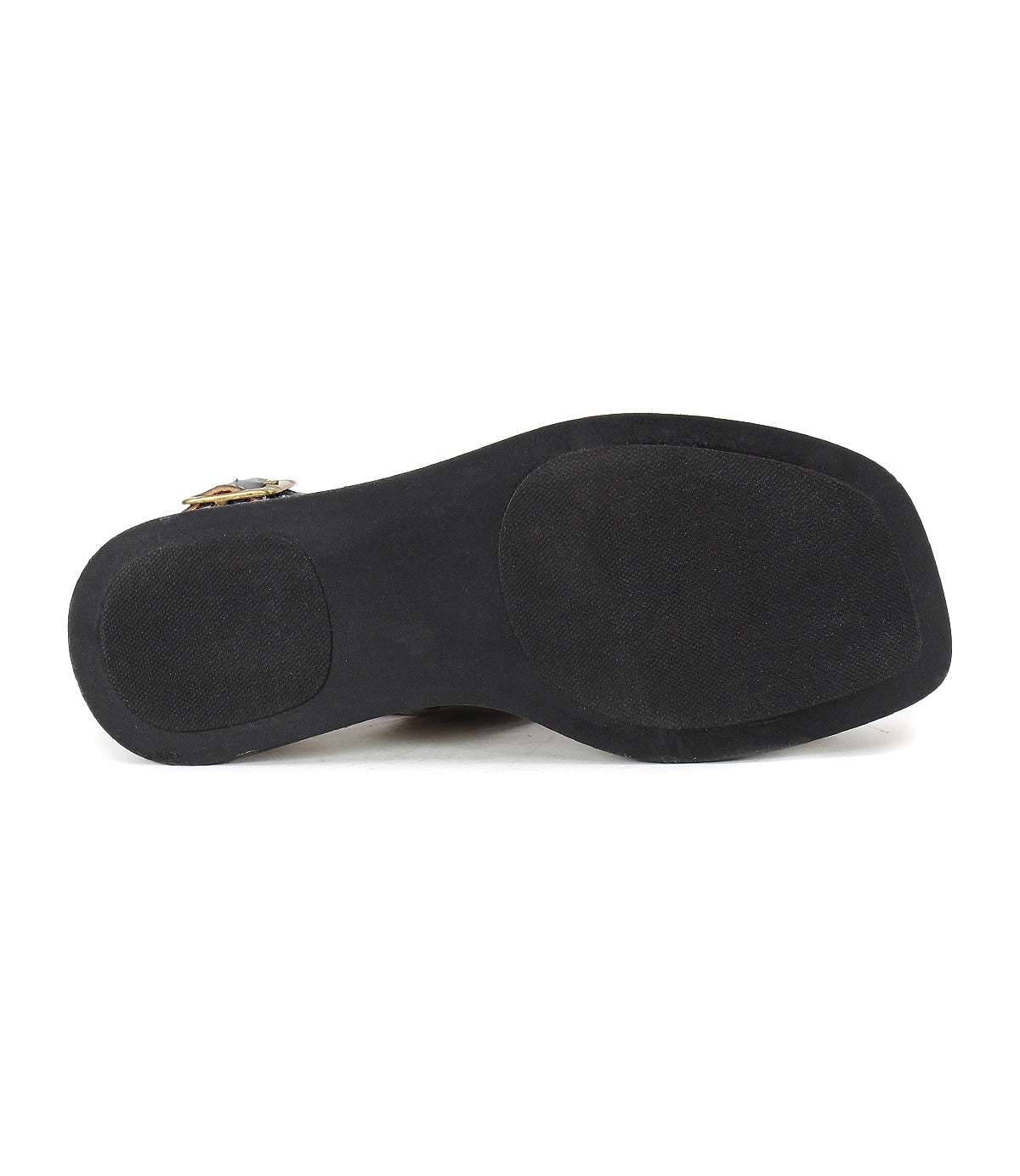 The image shows the black rubber sole of the Bed Stu Vice platform sandal, viewed from below, featuring textured grip areas at the heel and toe.