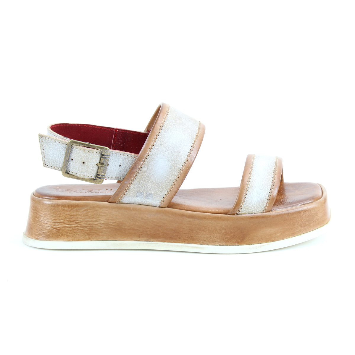 The Bed Stu Vice is a beige and tan platform sandal with a thick sole, open toe, adjustable ankle strap, and buckle closure, shown in a side profile view.