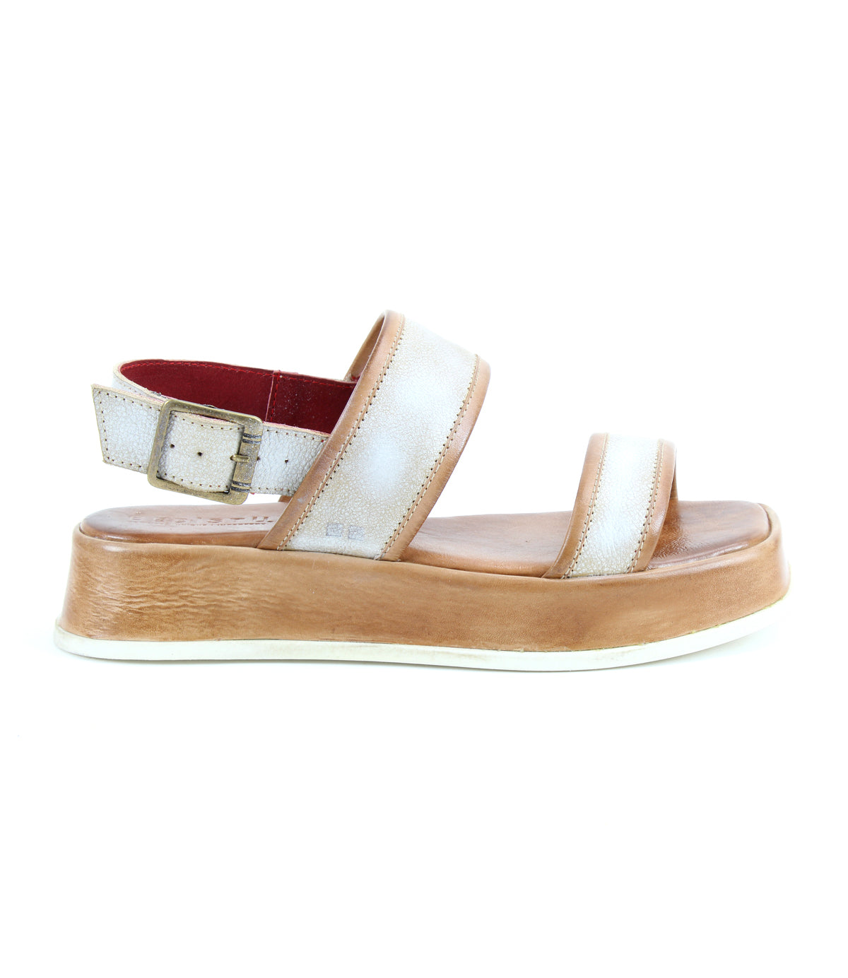 The Bed Stu Vice is a beige and tan platform sandal with a thick sole, open toe, adjustable ankle strap, and buckle closure, shown in a side profile view.
