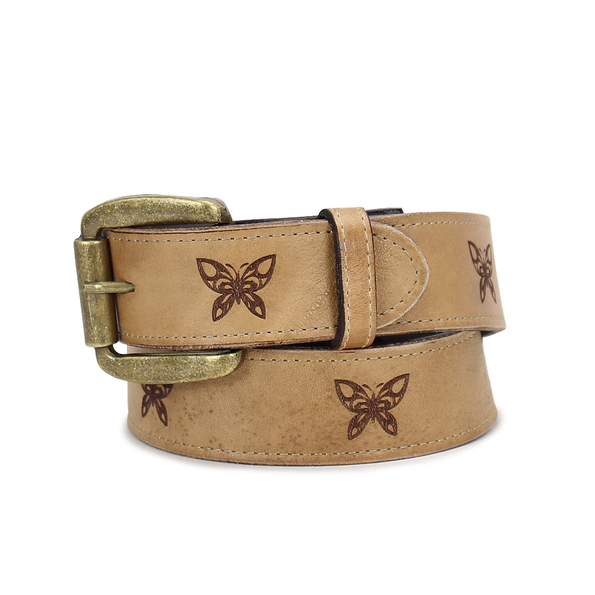 The Wander belt by Bed Stu is a tan leather accessory featuring a brass buckle and whimsical charm, adorned with laser-etched butterflies along its length.