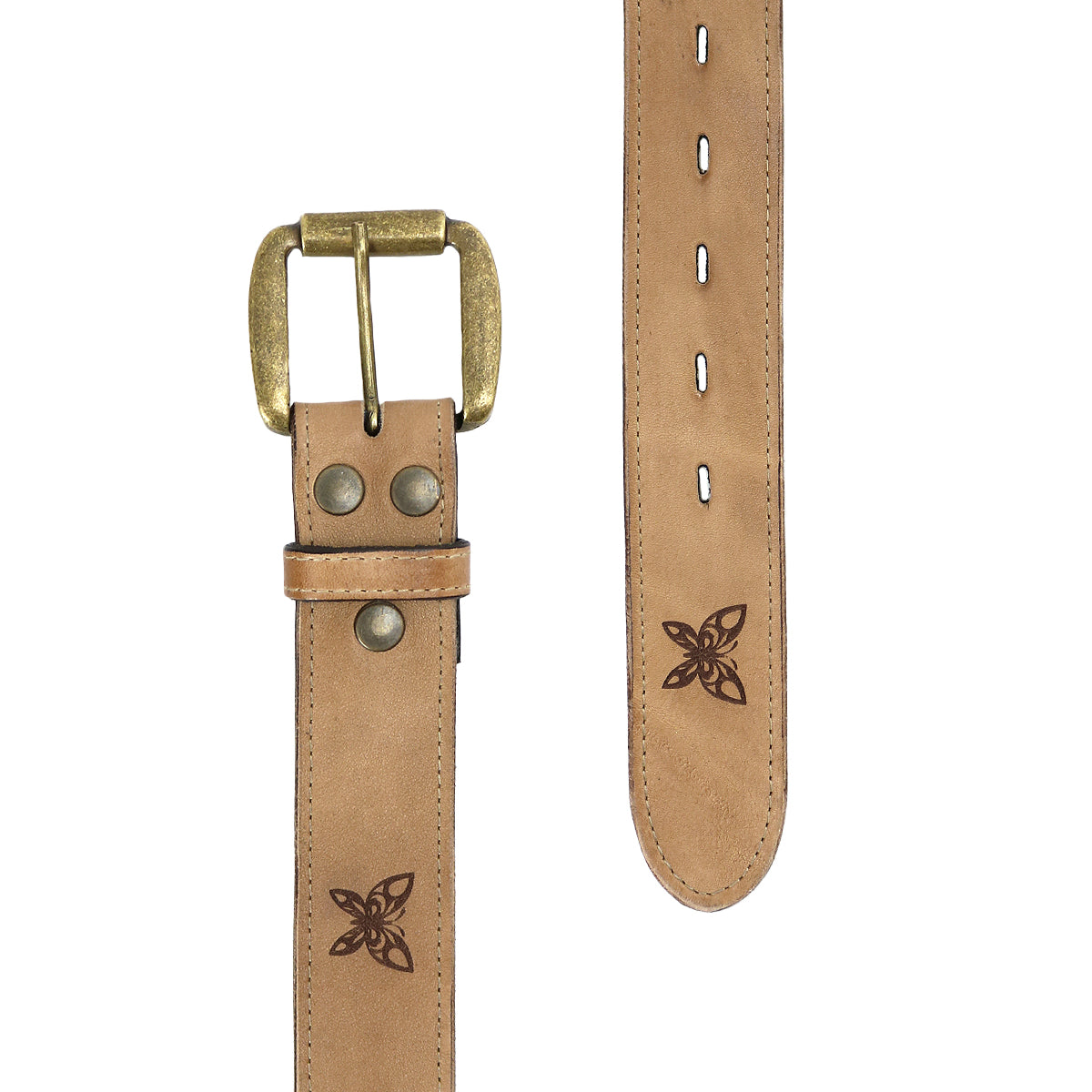 Bed Stu’s Wander belt features a tan leather design with a brass buckle, double rivets near the buckle, and an enchanting floral pattern adorned with delicate butterflies on both ends.