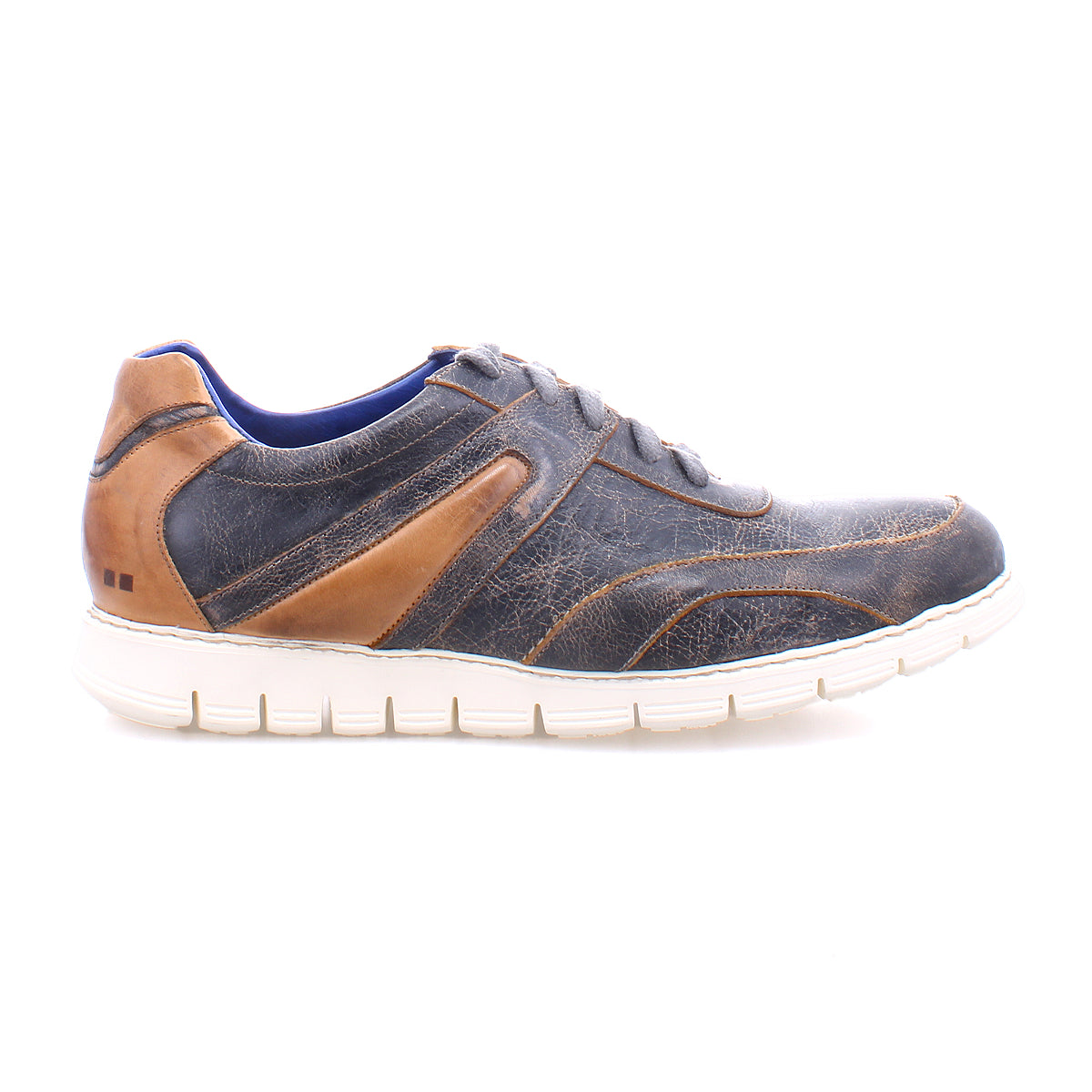 A single Wardell by Bed Stu casual blue and brown leather sneaker with a distressed lace-up design and a white sole isolated on a white background.