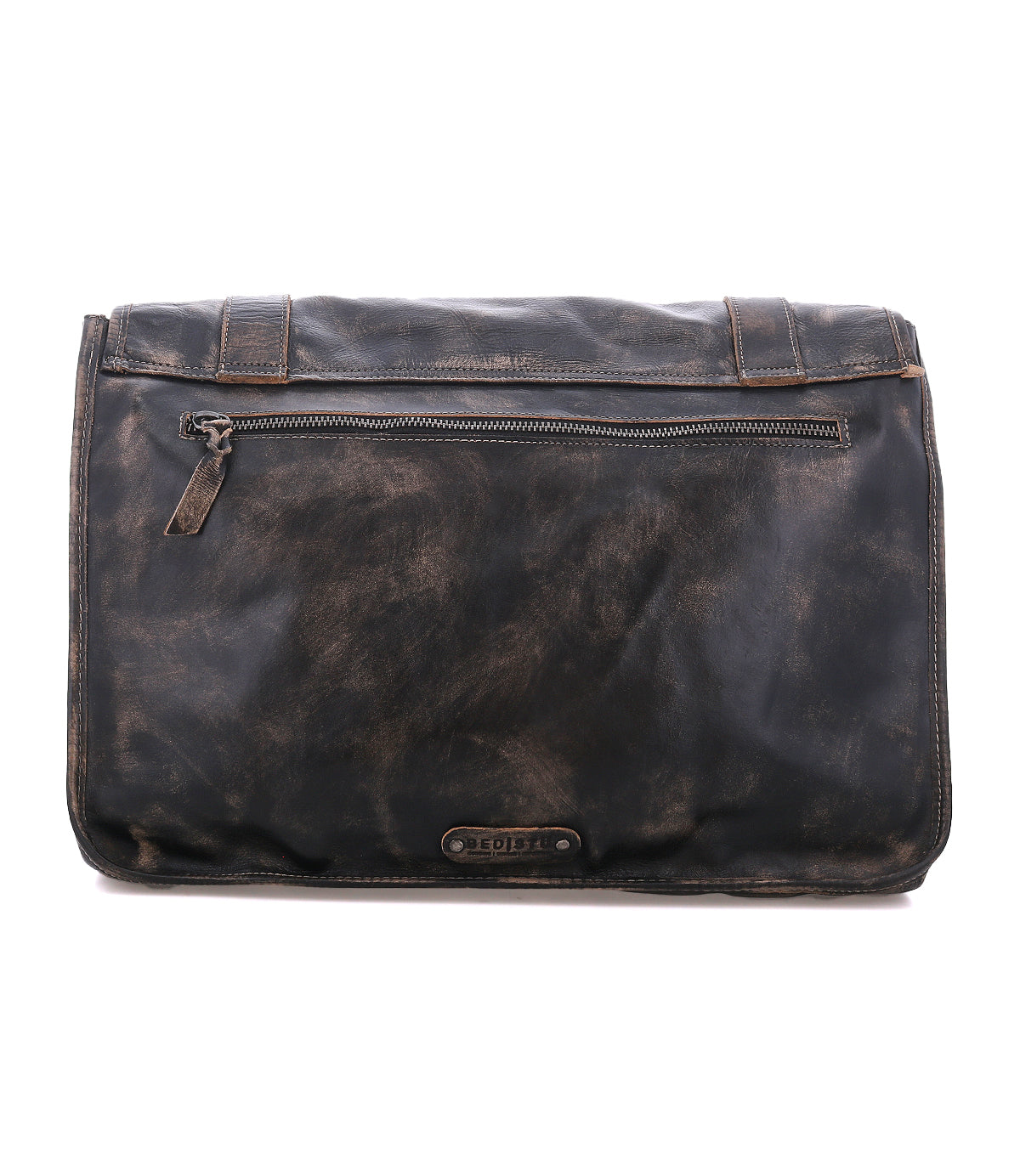 Bed|Stü Wexler spacious, distressed black leather messenger bag featuring a horizontal zippered pocket and a small metal logo plaque.