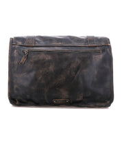 Bed|Stü Wexler spacious, distressed black leather messenger bag featuring a horizontal zippered pocket and a small metal logo plaque.