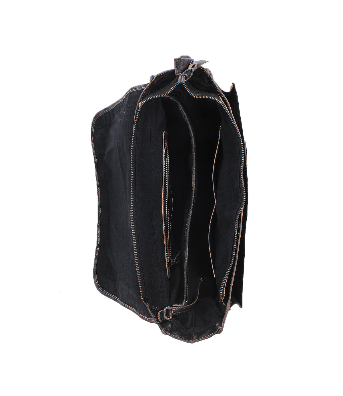 Top-down view of an organized black leather Bed|Stü Wexler messenger bag with multiple interior zippered compartments and slip pockets.