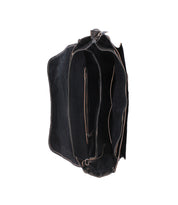 Top-down view of an organized black leather Bed|Stü Wexler messenger bag with multiple interior zippered compartments and slip pockets.