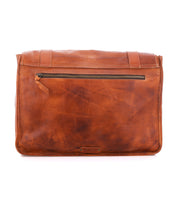 Spacious tan leather Wexler messenger bag with a horizontal zippered back pocket.