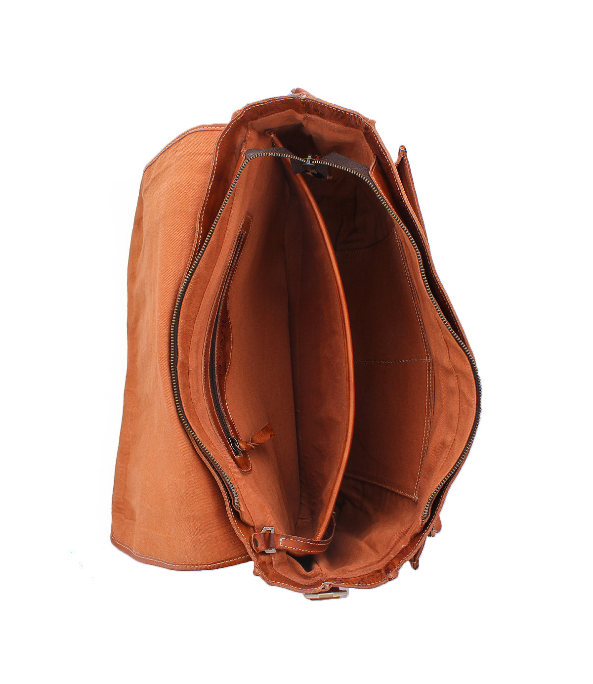 Top-down view of an open cognac-colored Bed|Stü Wexler messenger bag, featuring a spacious design with multiple internal compartments and zippered pockets.