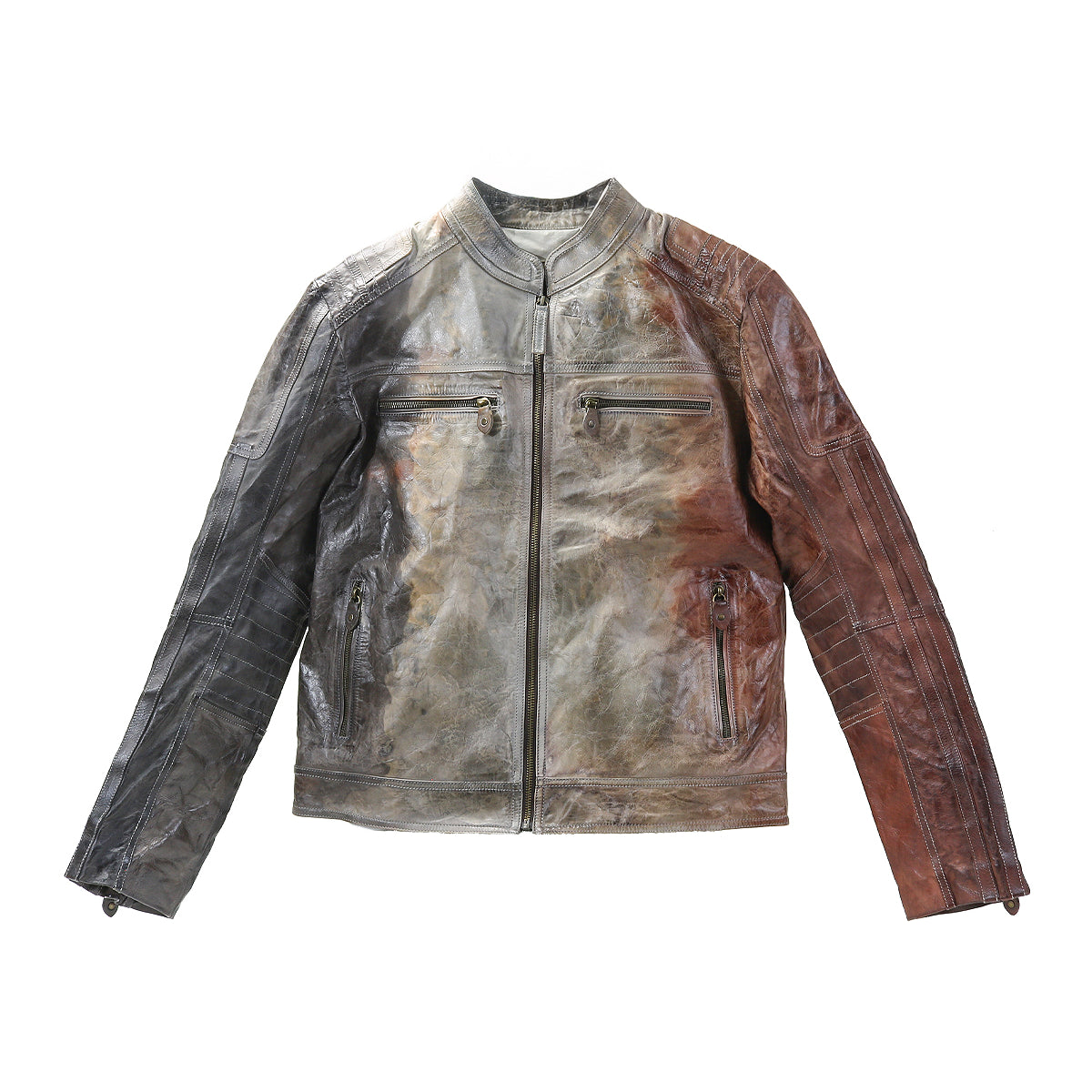 The Bed Stu Windfall is a worn, zip-up leather jacket with a black-to-brown gradient, four front zippered pockets, and a soft satinized cotton lining.