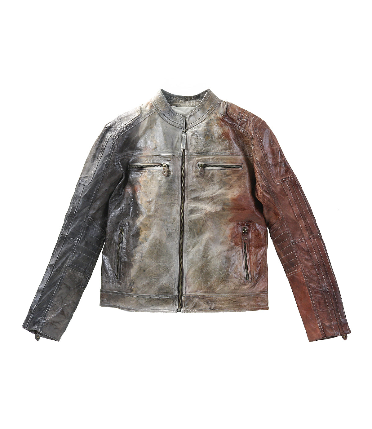 The Bed Stu Windfall is a worn, zip-up leather jacket with a black-to-brown gradient, four front zippered pockets, and a soft satinized cotton lining.