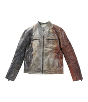 The Bed Stu Windfall is a worn, zip-up leather jacket with a black-to-brown gradient, four front zippered pockets, and a soft satinized cotton lining.