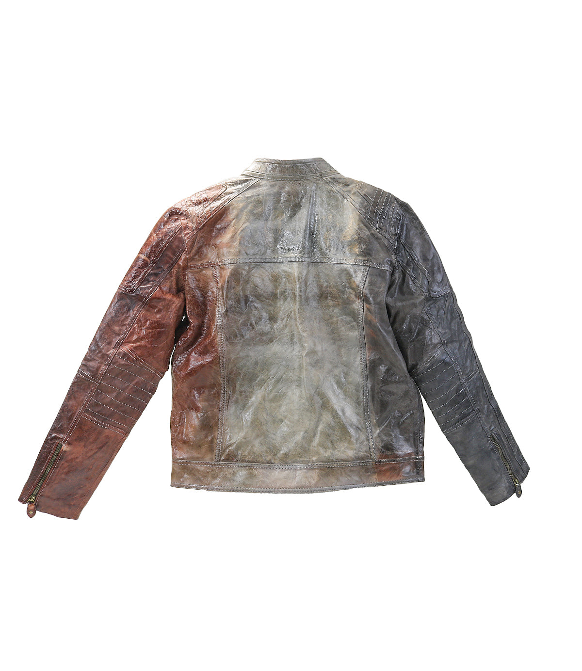Back view of the Bed Stu Windfall distressed leather jacket in brown, gray, and black, featuring long sleeves, zippered cuffs, and a satinized cotton lining for comfort.