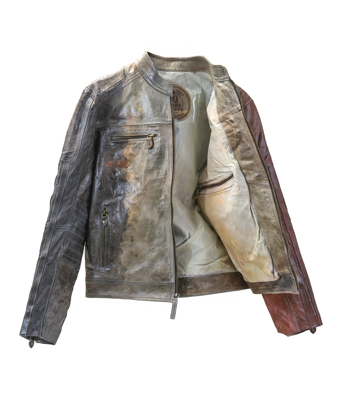 A worn, multicolored Bed Stu Windfall leather jacket features a zip front, fitted design, satinized cotton lining, and multiple pockets, displayed against a white background.